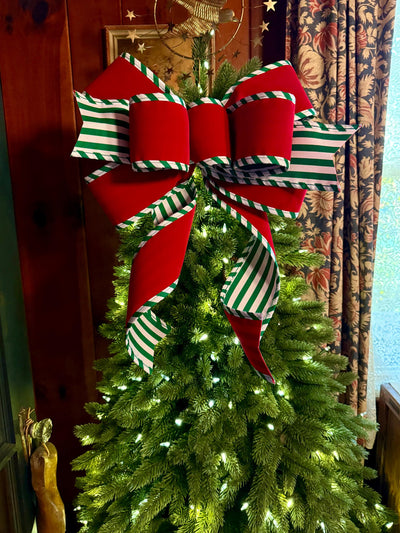 The Tabitha Red & Green Christmas Tree Topper Bow, white red stripe Bow, Xmas bow, tree trimming bow, christmas wreath bow, swag bow