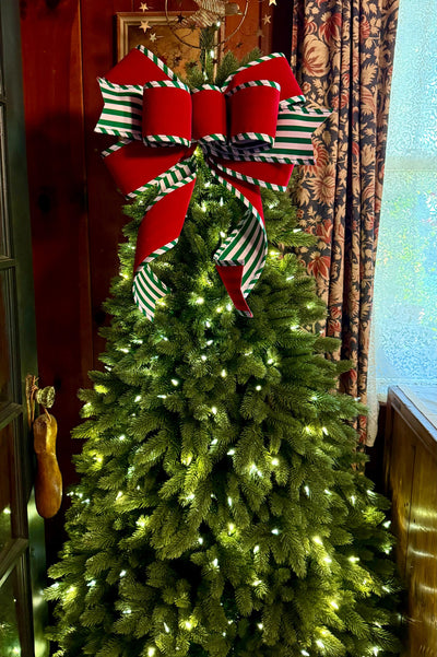 The Tabitha Red & Green Christmas Tree Topper Bow, white red stripe Bow, Xmas bow, tree trimming bow, christmas wreath bow, swag bow
