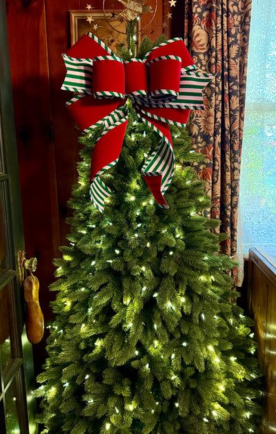 The Tabitha Red & Green Christmas Tree Topper Bow, white red stripe Bow, Xmas bow, tree trimming bow, christmas wreath bow, swag bow