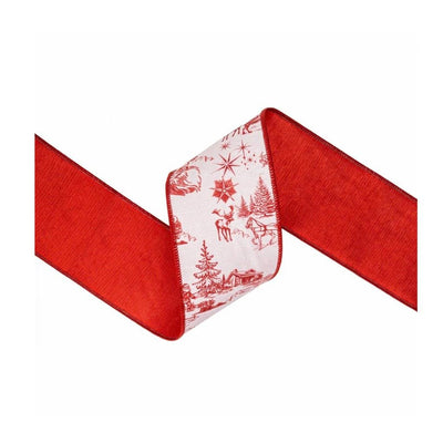 4" Wired Dupioni Ribbon | Red Christmas Toile on White w/Red Backing | 10 Yard Roll, cottage ribbon, Luxury ribbon, Craft supply, Bow making