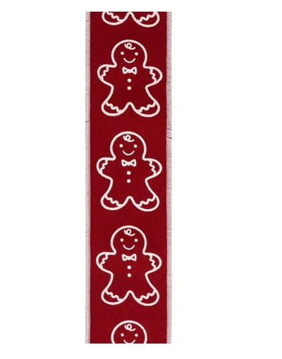 2 1/2" Wired Cotton Linen Fabric Ribbon | Printed Gingerbread on Red | 10 Yard Roll