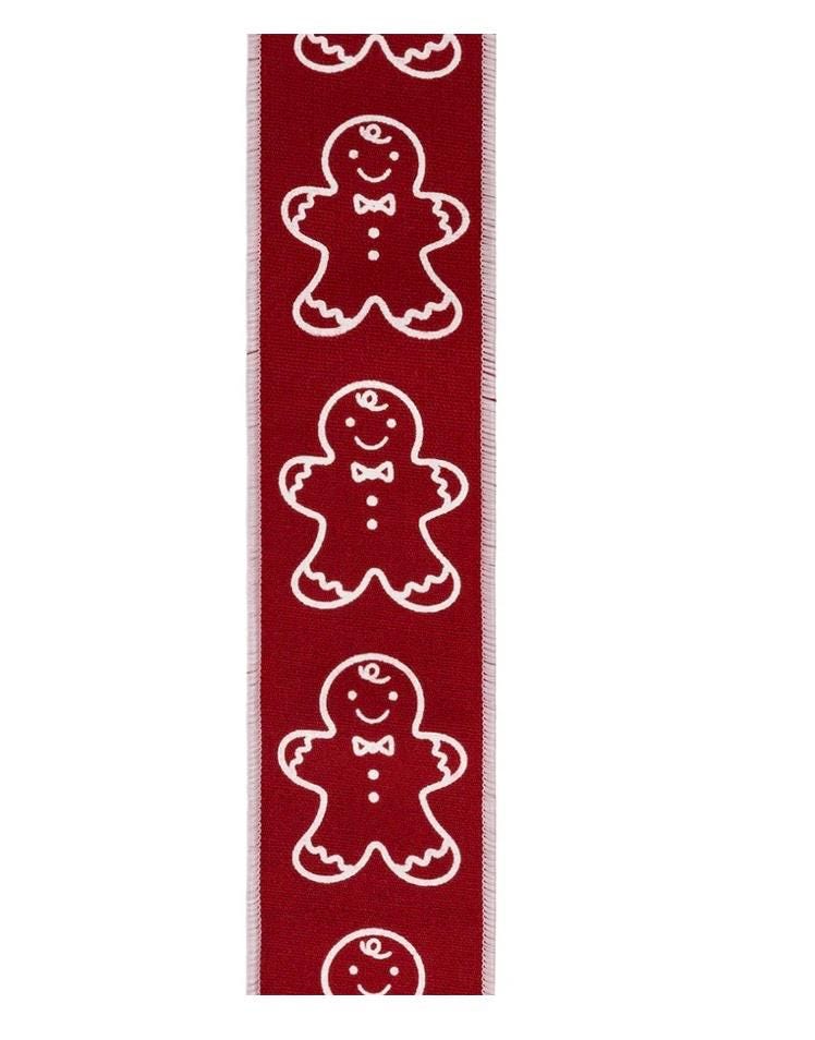 2 1/2" Wired Cotton Linen Fabric Ribbon | Printed Gingerbread on Red | 10 Yard Roll
