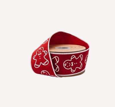 2 1/2" Wired Cotton Linen Fabric Ribbon | Printed Gingerbread on Red | 10 Yard Roll
