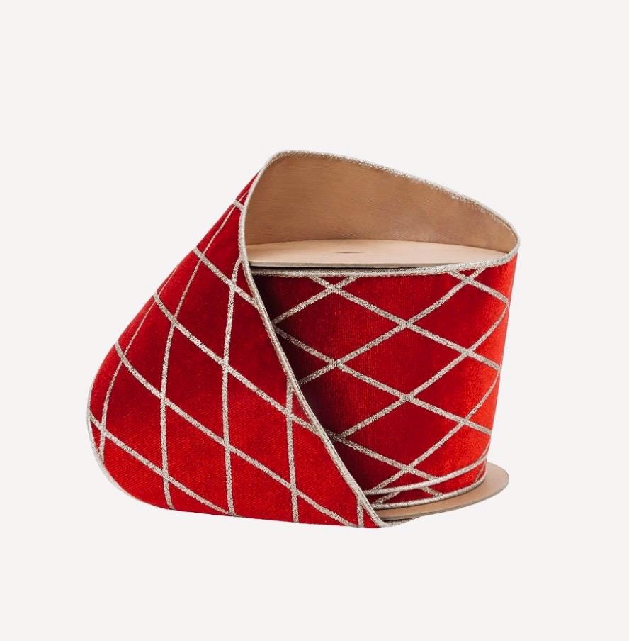 4" Wired Velvet Ribbon | Red with Glittered Diamond | 10 Yard Roll
