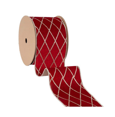 4" Wired Velvet Ribbon | Red with Glittered Diamond | 10 Yard Roll