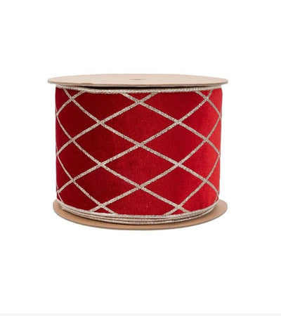 4" Wired Velvet Ribbon | Red with Glittered Diamond | 10 Yard Roll