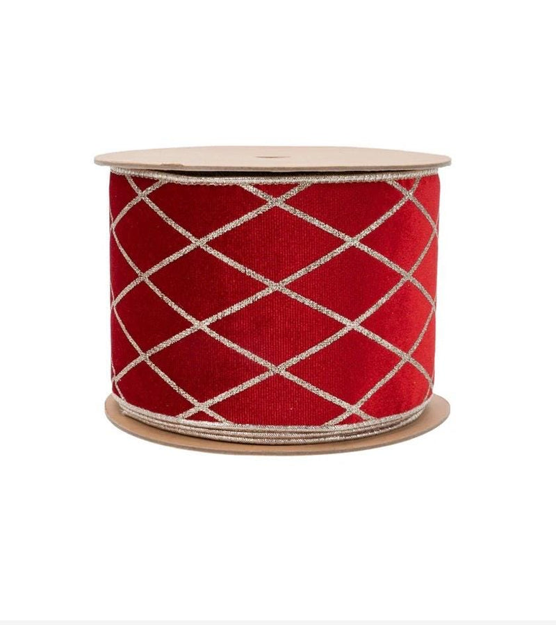 4" Wired Velvet Ribbon | Red with Glittered Diamond | 10 Yard Roll