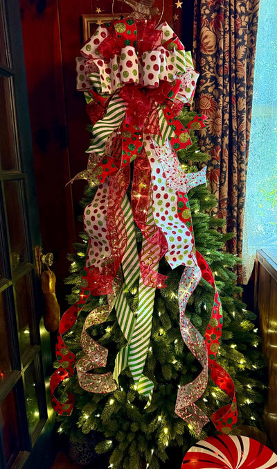 The Odessa Red & Green polka dot Christmas Tree Topper Bow, Christmas tree trimming bow, red and white bow for tree, christmas wreath bow