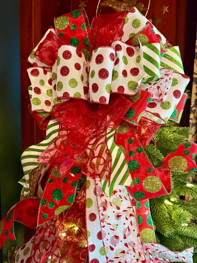 The Odessa Red & Green polka dot Christmas Tree Topper Bow, Christmas tree trimming bow, red and white bow for tree, christmas wreath bow