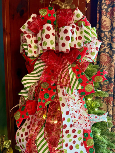The Odessa Red & Green polka dot Christmas Tree Topper Bow, Christmas tree trimming bow, red and white bow for tree, christmas wreath bow