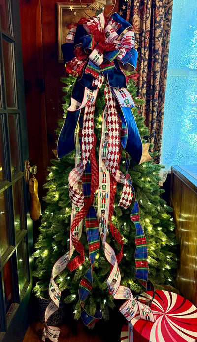 The Francois Navy & Red Christmas Tree Topper Bow, XL Plaid long streamer luxury bow, big tree bow, lamppost bow