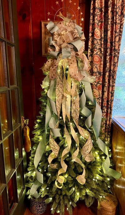 The Ursula Luxury Christmas Tree Topper Bow, Champagne Sage Gold Bow, Elegant Holiday Ribbon Topper, Handmade Christmas Tree Decoration