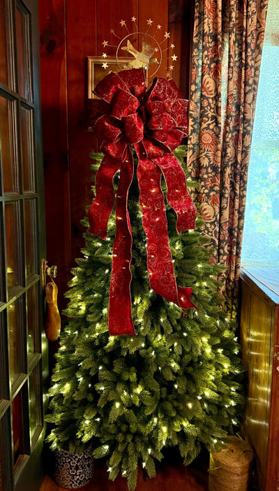 The Vixen Burgundy & Gold Christmas Tree Topper Bow, Long streamer bow for tree, burgandy velvet christmas tree bow, XL luxury bow for tree