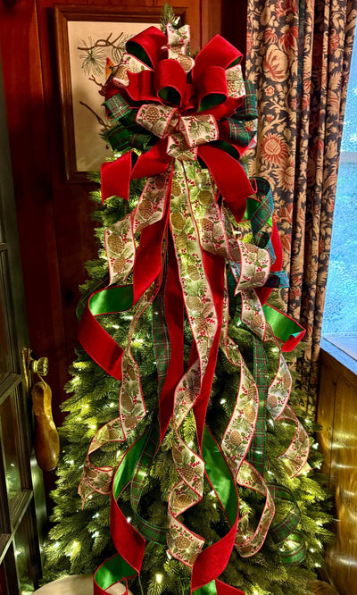 The Whitley Red Green and Gold Christmas Tree Topper Bow, XL Luxury Xmas Decor, Big red green bow, long streamer bow for tree
