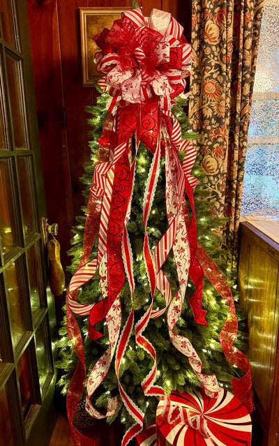 The Bess Red White Christmas Tree Topper Bow, XL Peppermint Bow, Long Streamer bow, candy cane bow, Christmas tree bow