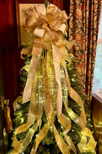 The Blitzen White and Gold Christmas Tree Topper Bow, long streamer gold bow, big gold christmas tree bow, XL bow