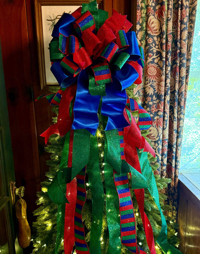 The Anka Red Emerald Green & Navy Christmas Tree Topper Bow, Luxury Bow, Xmas bow, blue bow, ribbon topper, tree trimming bow