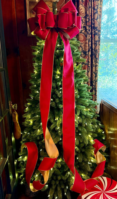 The Karina Handmade Red & Gold Bow, Velvet Christmas Tree Topper Bow, XL Luxury red ribbon topper, Handmade extra large Christmas tree bow