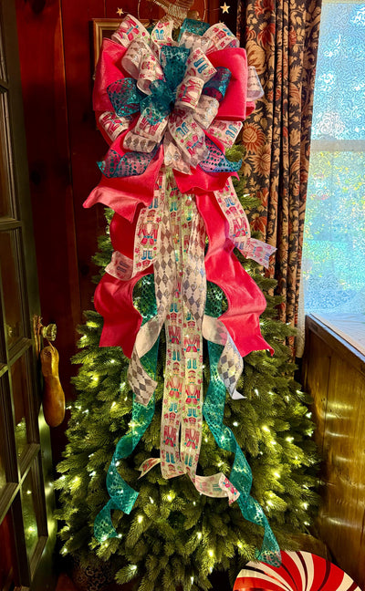 The Lilibet Pink & Turqoise Whimsical Christmas Tree Topper Bow, Nutcracker oversized bow, Big Candy cane tree topper, tree trimming bow