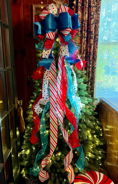 The Lenoir Whimsical Christmas Tree Topper Bow, red turquoise luxury 5ft Streamers
