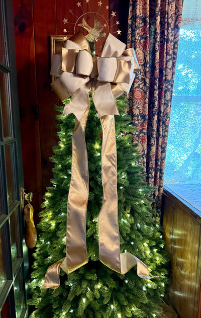The Irene Ivory & Gold Velvet Christmas Tree Topper Bow, XL Luxury Gold ribbon topper, Handmade Creamy White Christmas tree bow