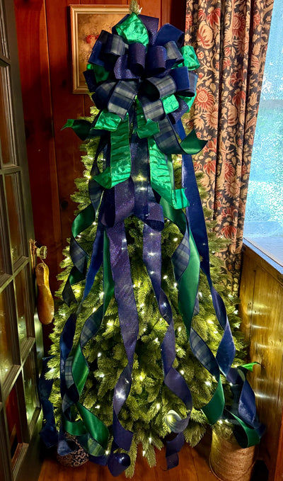 The Elsbeth Navy Blue & Green Christmas Tree Topper Bow, Plaid Luxury Bow, Sparkly velvet ribbon topper, XL tree topper bow