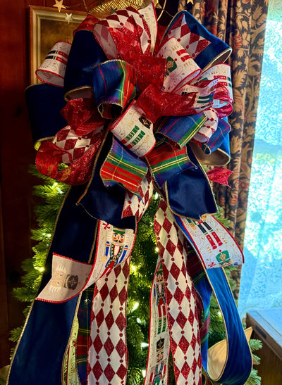 The Francois Navy & Red Christmas Tree Topper Bow, XL Plaid long streamer luxury bow, big tree bow, lamppost bow