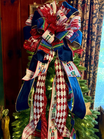 The Francois Navy & Red Christmas Tree Topper Bow, XL Plaid long streamer luxury bow, big tree bow, lamppost bow