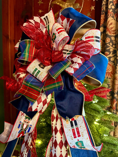 The Francois Navy & Red Christmas Tree Topper Bow, XL Plaid long streamer luxury bow, big tree bow, lamppost bow