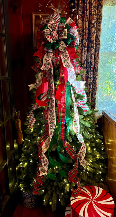 The Delilah Red & Green Christmas Tree Topper Bow, plaid long streamer bow, big red bow for tree, large wreath bow, xl tree topper