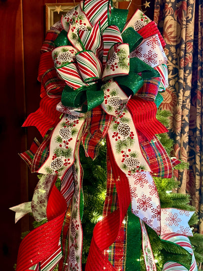The Delilah Red & Green Christmas Tree Topper Bow, plaid long streamer bow, big red bow for tree, large wreath bow, xl tree topper