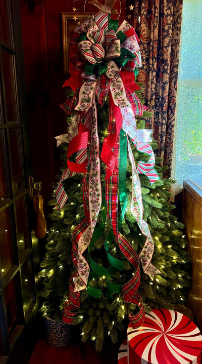 The Delilah Red & Green Christmas Tree Topper Bow, plaid long streamer bow, big red bow for tree, large wreath bow, xl tree topper