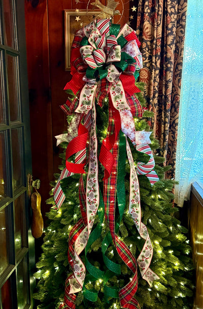 The Delilah Red & Green Christmas Tree Topper Bow, plaid long streamer bow, big red bow for tree, large wreath bow, xl tree topper