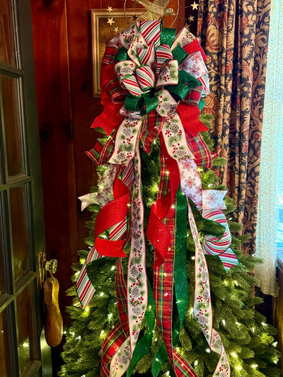 The Delilah Red & Green Christmas Tree Topper Bow, plaid long streamer bow, big red bow for tree, large wreath bow, xl tree topper