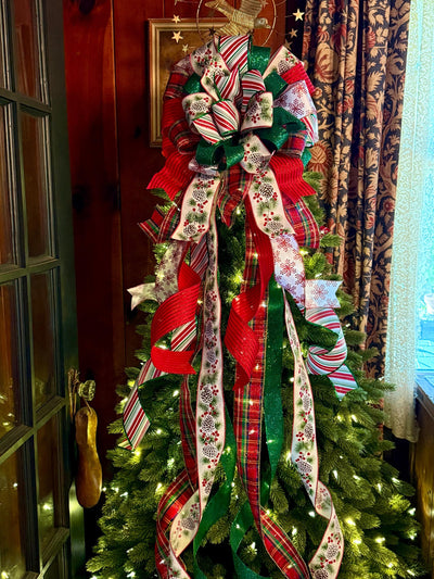 The Delilah Red & Green Christmas Tree Topper Bow, plaid long streamer bow, big red bow for tree, large wreath bow, xl tree topper