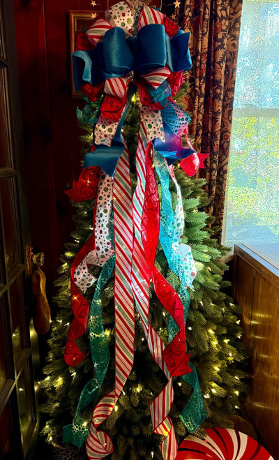 The Lenoir Whimsical Christmas Tree Topper Bow, red turquoise luxury 5ft Streamers