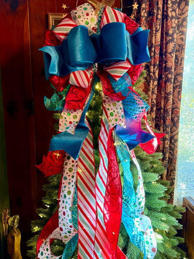The Lenoir Whimsical Christmas Tree Topper Bow, red turquoise luxury 5ft Streamers