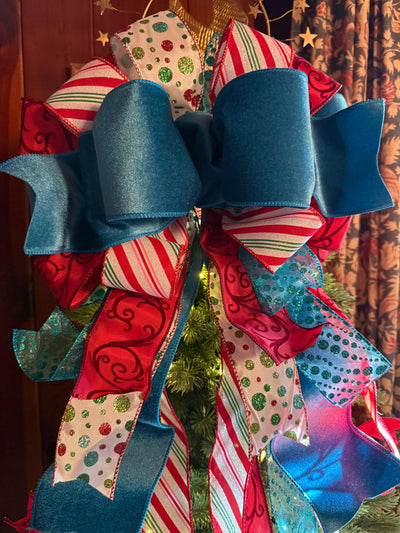 The Lenoir Whimsical Christmas Tree Topper Bow, red turquoise luxury 5ft Streamers