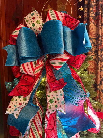 The Lenoir Whimsical Christmas Tree Topper Bow, red turquoise luxury 5ft Streamers