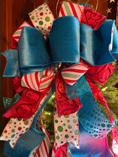 The Lenoir Whimsical Christmas Tree Topper Bow, red turquoise luxury 5ft Streamers