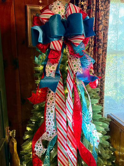 The Lenoir Whimsical Christmas Tree Topper Bow, red turquoise luxury 5ft Streamers