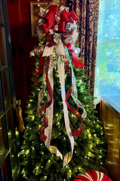 The Sharon White Red & Green Christmas Tree Topper Bow, Bow for wreaths, long streamer cottage style bow, white plaid farmhouse bow