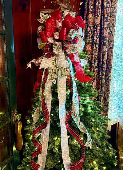 The Sharon White Red & Green Christmas Tree Topper Bow, Bow for wreaths, long streamer cottage style bow, white plaid farmhouse bow