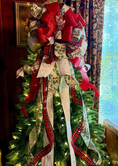 The Sharon White Red & Green Christmas Tree Topper Bow, Bow for wreaths, long streamer cottage style bow, white plaid farmhouse bow