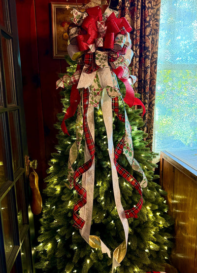 The Sharon White Red & Green Christmas Tree Topper Bow, Bow for wreaths, long streamer cottage style bow, white plaid farmhouse bow