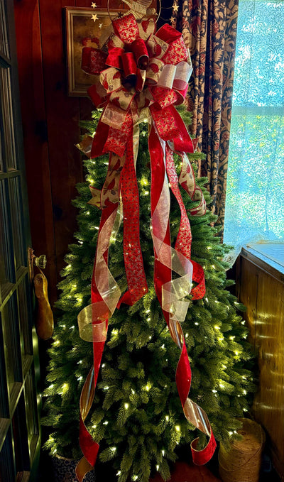 The Beverly Red & Gold Christmas Tree Topper Bow, Cardinal red velvet, long streamer bow, gold christmas tree bow, big red bow for tree