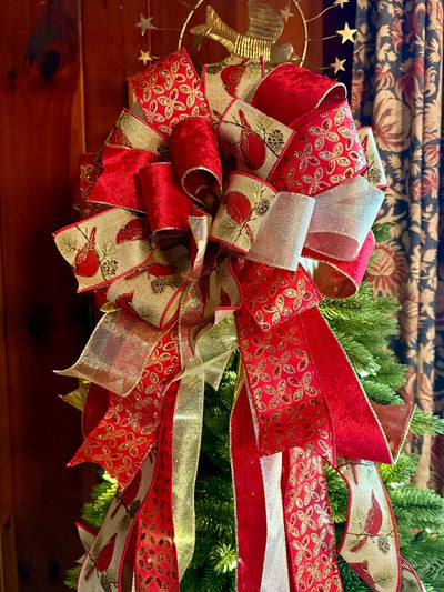 The Beverly Red & Gold Christmas Tree Topper Bow, Cardinal red velvet, long streamer bow, gold christmas tree bow, big red bow for tree