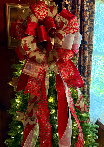 The Beverly Red & Gold Christmas Tree Topper Bow, Cardinal red velvet, long streamer bow, gold christmas tree bow, big red bow for tree