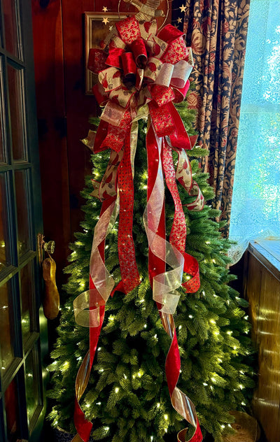 The Beverly Red & Gold Christmas Tree Topper Bow, Cardinal red velvet, long streamer bow, gold christmas tree bow, big red bow for tree