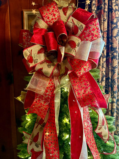 The Beverly Red & Gold Christmas Tree Topper Bow, Cardinal red velvet, long streamer bow, gold christmas tree bow, big red bow for tree